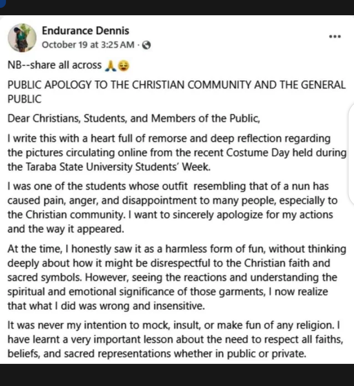 The first part of the apology "Taraba Varsity student's nun outfit"